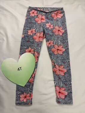 Girls Floral Print Leggings - Navy and Red